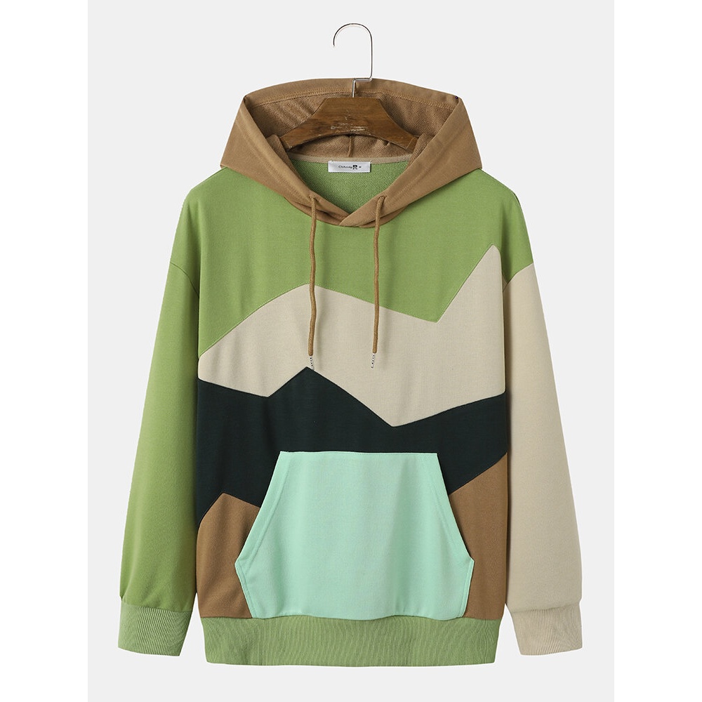 Men Patchwork Drawstring Kangaroo Pocket Casual Hooded Sweatshirt - Green S