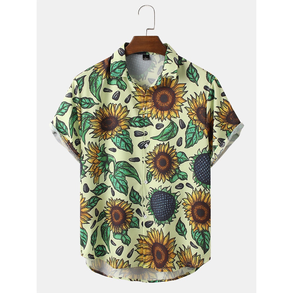 Mens Casual Sunflower Print Short Sleeve Shirts - Yellow M