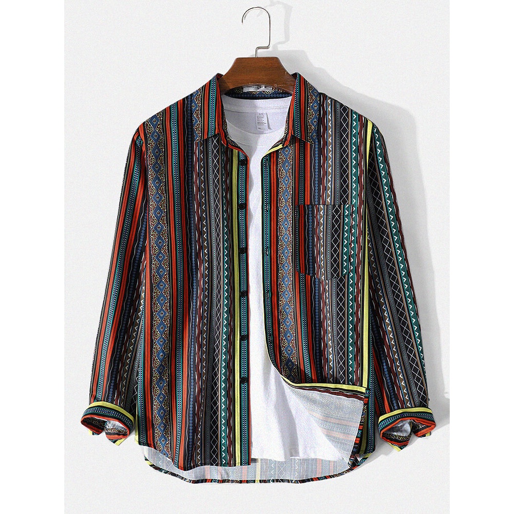 Mens Tribal Pattern Striped Print Vintage Lapel Casual Shirt - Orange S