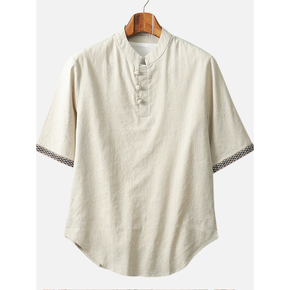 Mens Vintage Loose Buttons Stand Collar Short Sleeve Casual T-shirts - L Beige