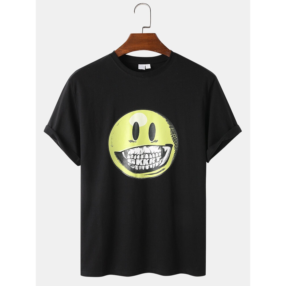 Mens Funny Big Smile Face Print Breathable Loose Casual O-Neck T-Shirts - Black L