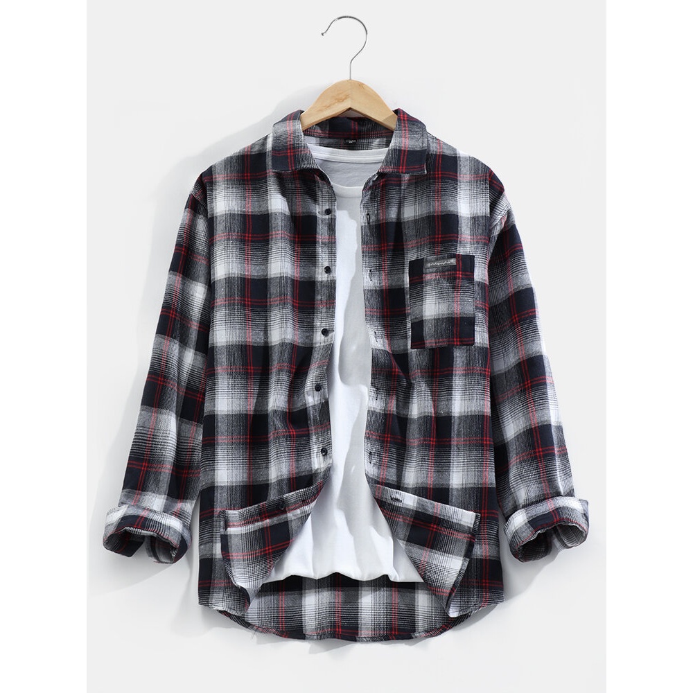 Mens Plaid Chest Pocket Long Sleeve Curved Hem Casual Shirts - Red S