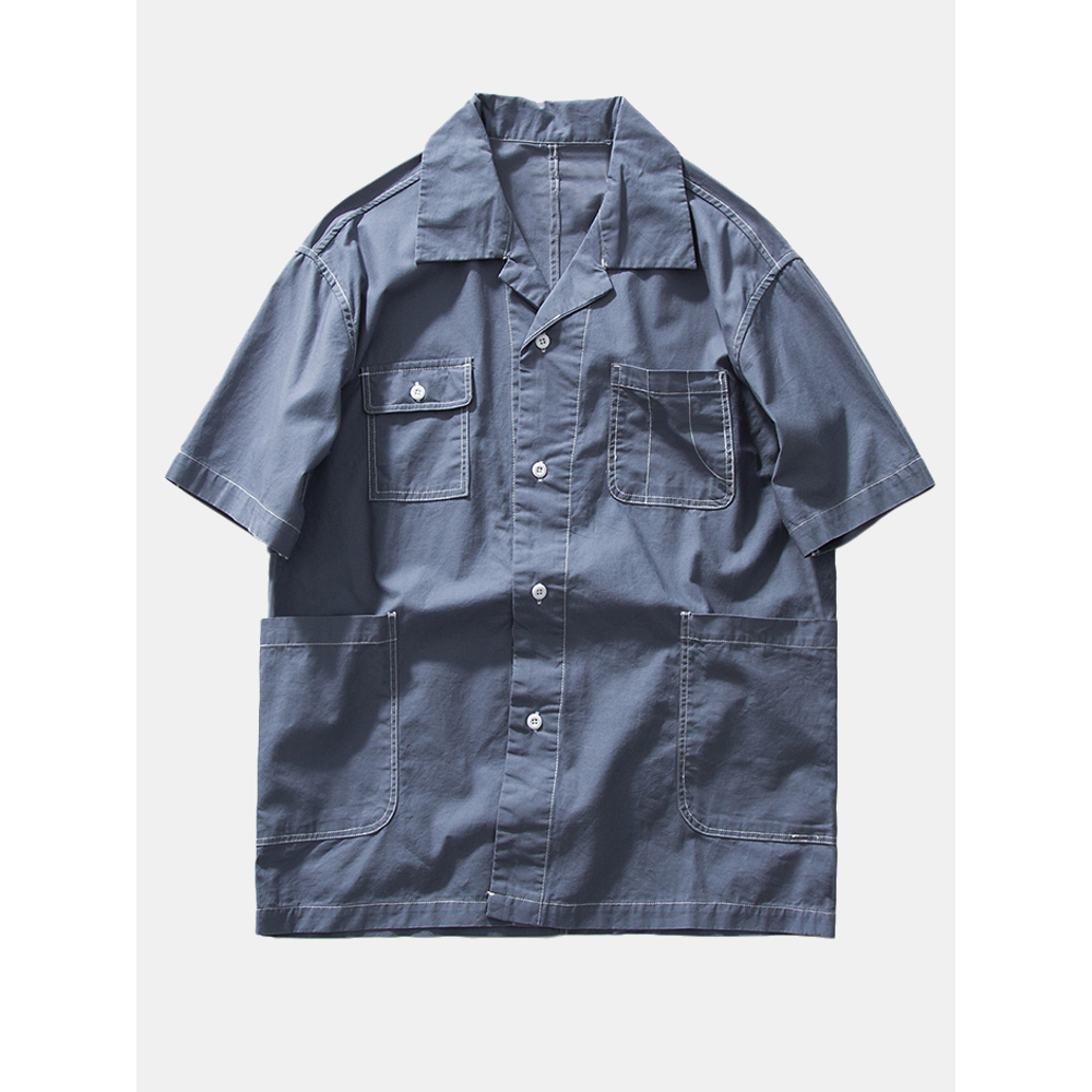 Men Multi Pockets Solid Color Short Sleeve Revere Shirts - M Blue