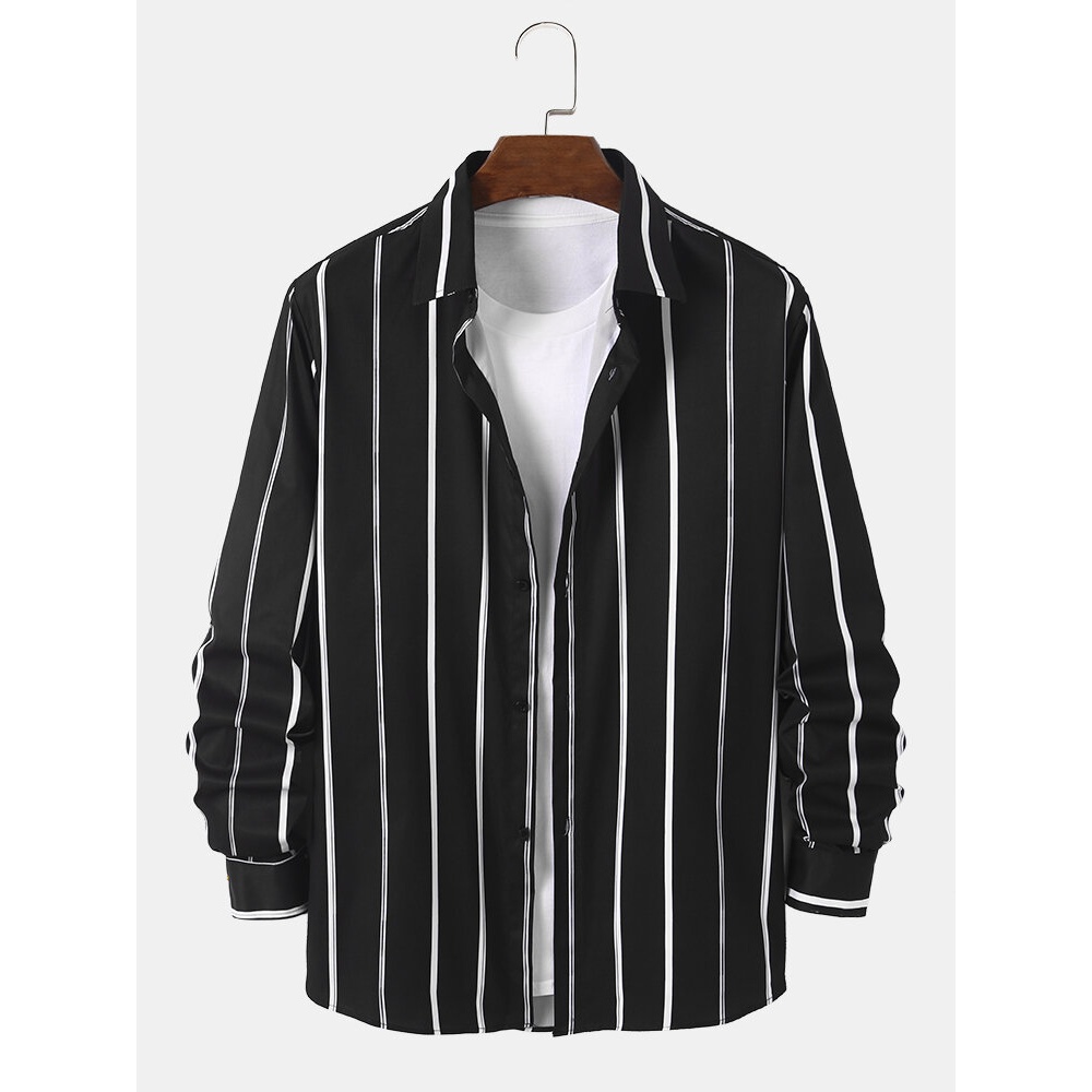 Men Striped Lapel Collar Curved Hem Long Sleeve Casual Shirts - Grey L