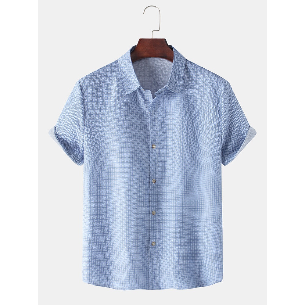 Design Mens Plaid Lapel Collar Casual Short Sleeve Shirts - Sky Blue XL