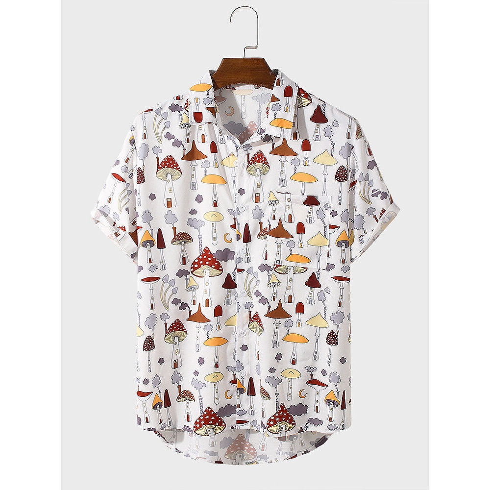 Mens Allover Funny Cartoon Mushroom Print Lapel Short Sleeve Shirts - Grey S