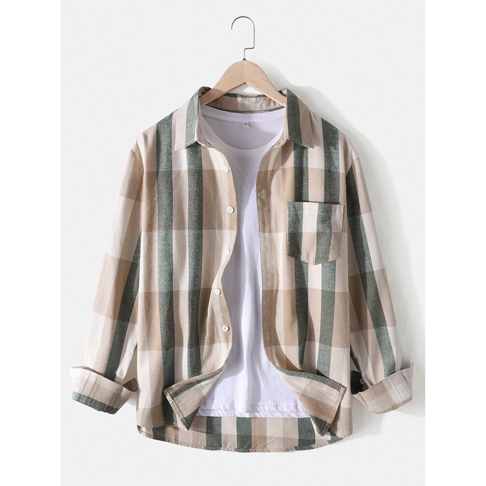 Mens Plaid Print Lapel Chest Pocket Long Sleeve Cotton Shirts - Green L