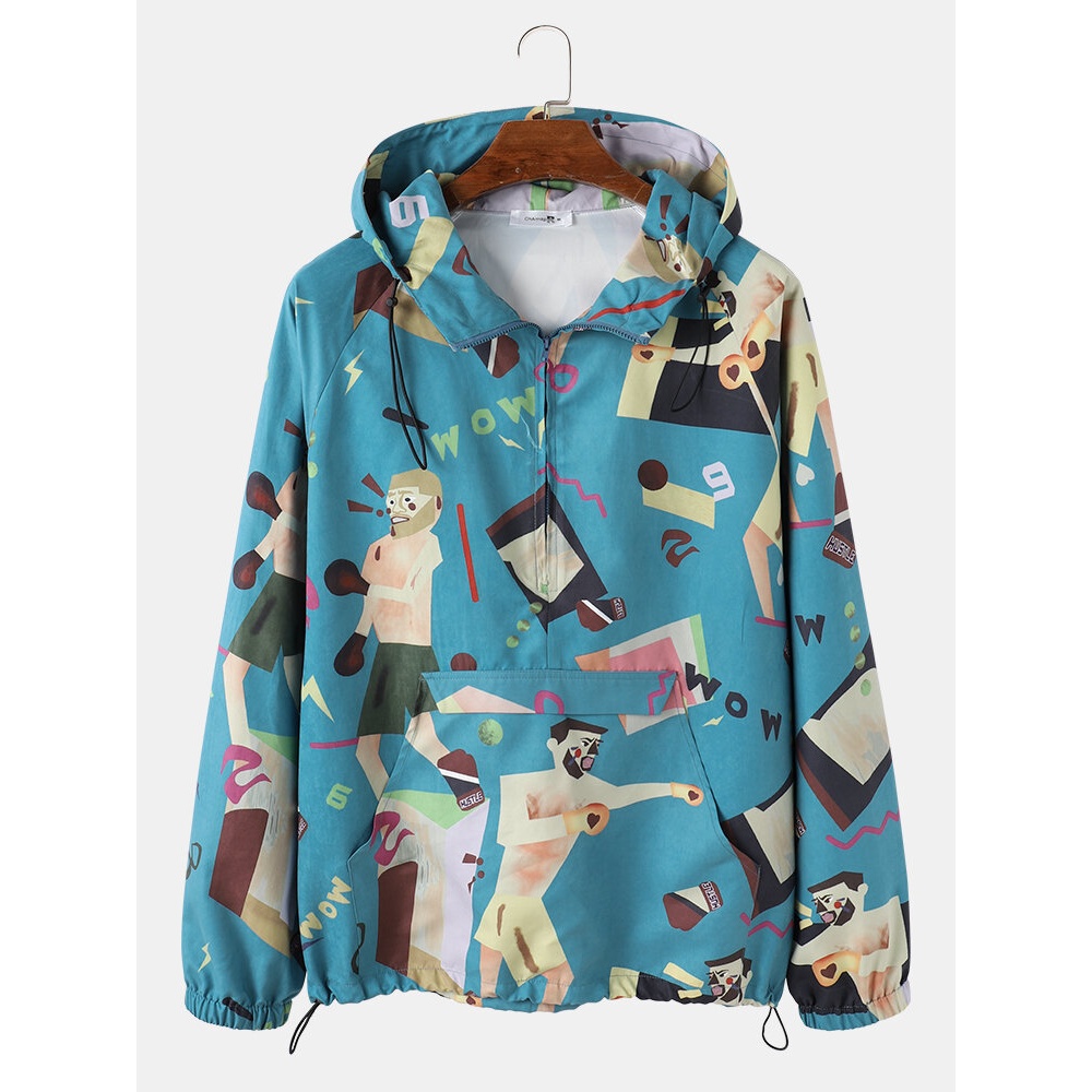Mens Funny Figure Print Half Zipper Hoodie Portable Windbreaker Jacket - Blue S