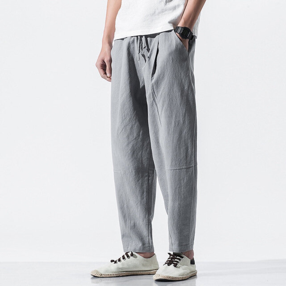 New Men's Chinese Style Cotton And Linen Casual Pants Youth Thin Section Solid Color Loose Large Size Linen Trousers - 2XL Black