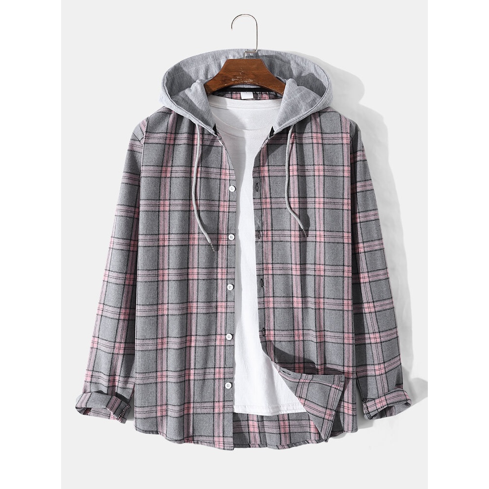 Men Cotton Plaid Hooded Collar Buttons Long Sleeve Casual Shirts - Pink L
