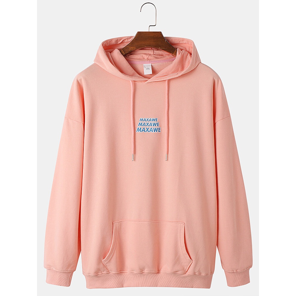 Mens Letter Back Print Solid Color Cotton Casual Loose Drawstring Hoodies With Muff Pocket - BLack L