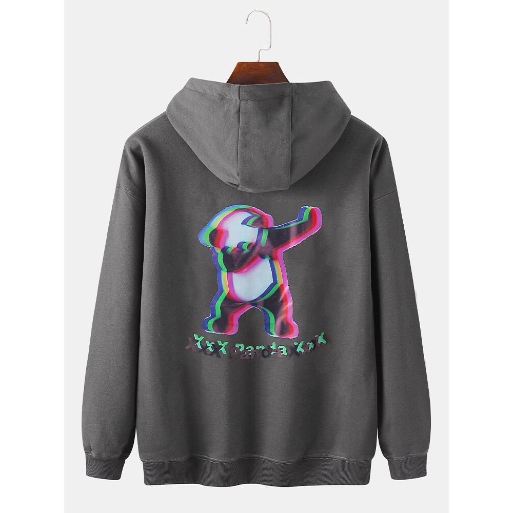 Mens Panda Pattern Letter Print Kangaroo Pocket Long Sleeve Drop Shoulder Design Hoodies - Black S
