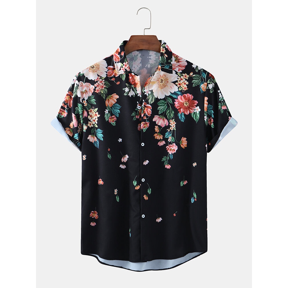 Mens Floral Print Light Casual Short Sleeve Designer Shirts - Black S