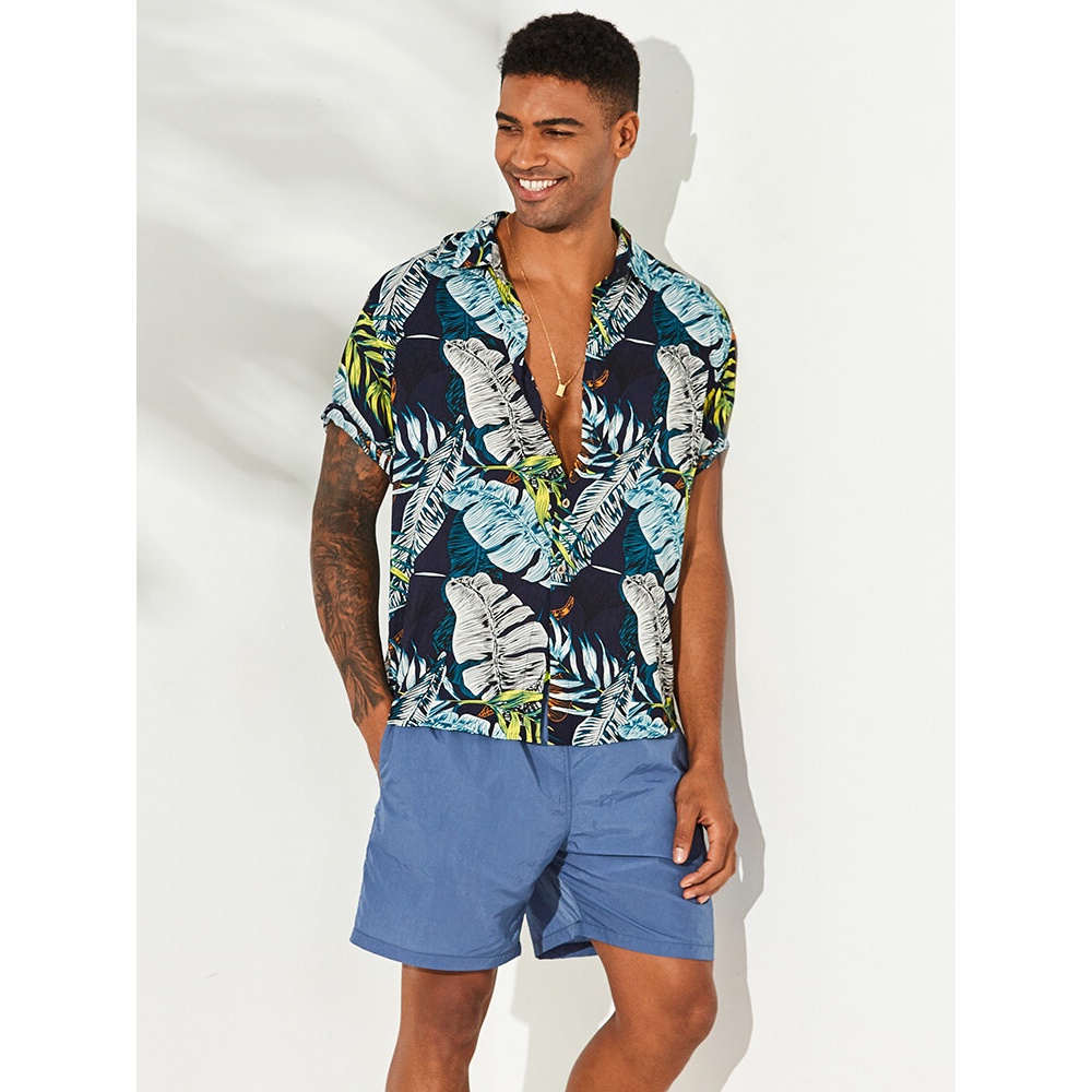 Men Hawaiian Plants Printed Holiday Beachwear Shirts - L Blue