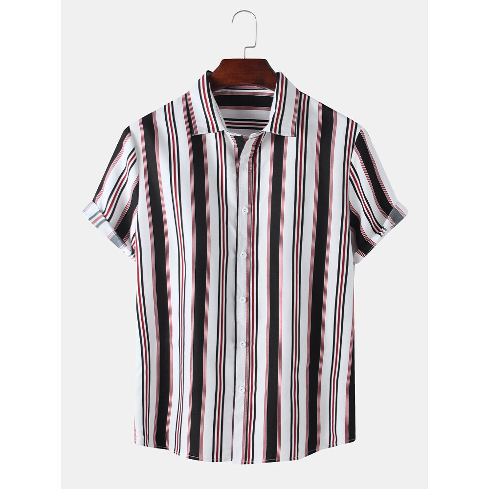 Mens Wide Striped Turn Down Collar Short Sleeve Shirts - White M