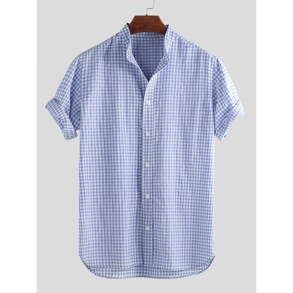 Mens Plaid Stand Collar Short Sleeve Round Hem Casual Loose Shirts - M Blue