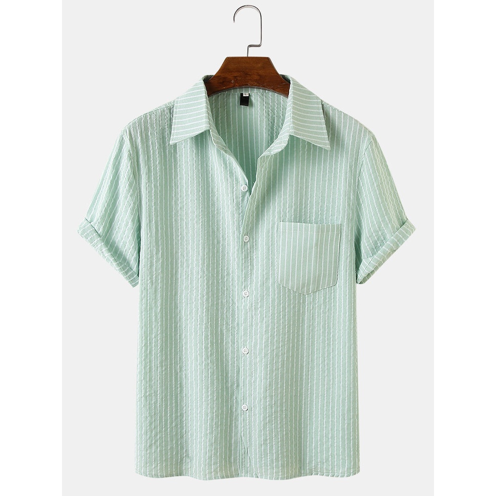 Mens Vertical Stripes Holiday Style Lapel Collar Short Sleeve Shirts - Green L