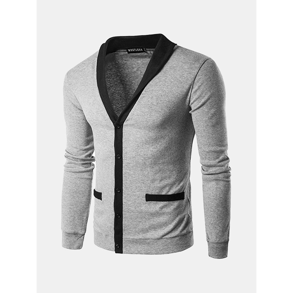 Classic Brief Fashion Neckline Sweatershirt Men's Single-breasted Hit Color Knitting Cardigan - 2XL Wine Red