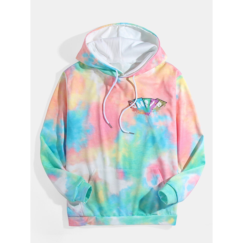 Mens Print Colorful Tie Dye Pocket Long Sleeve Drawstring Hoodies - S Green