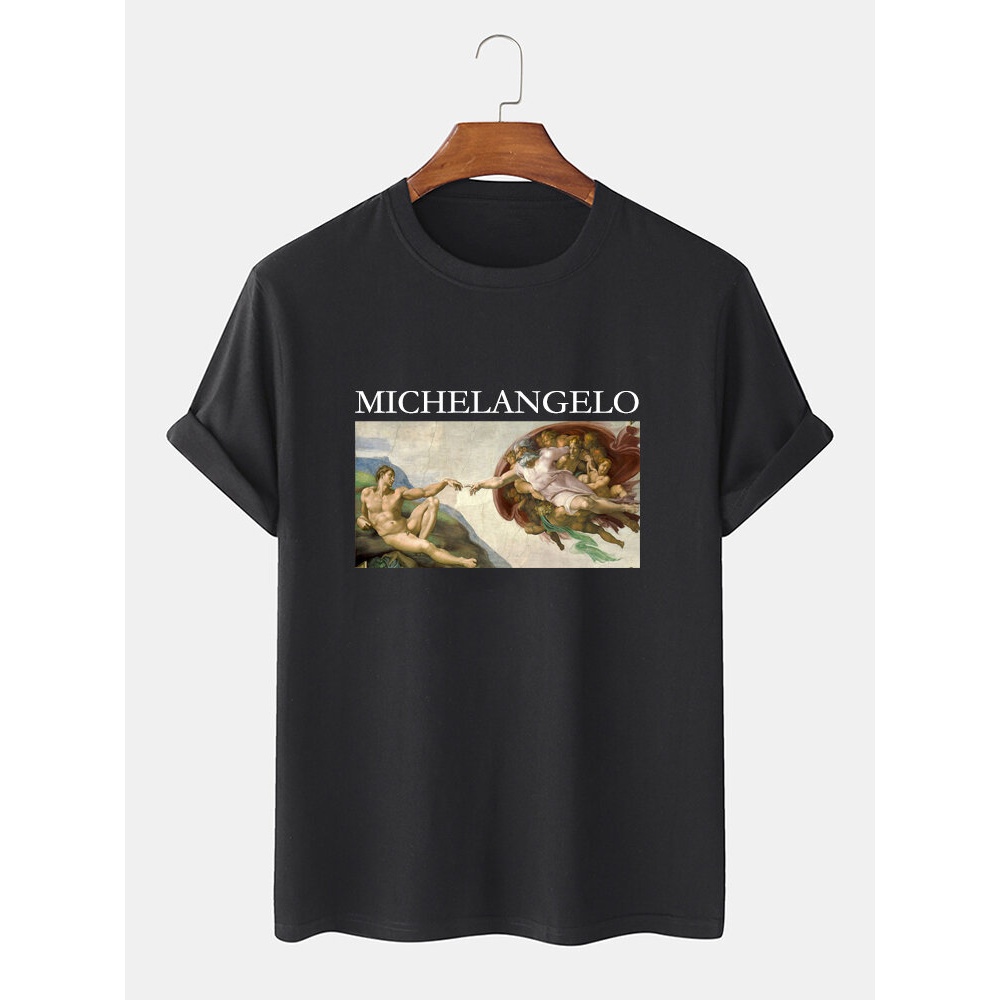 Mens 100% Cotton Print Crew Neck Short Sleeve T-Shirts - Black L