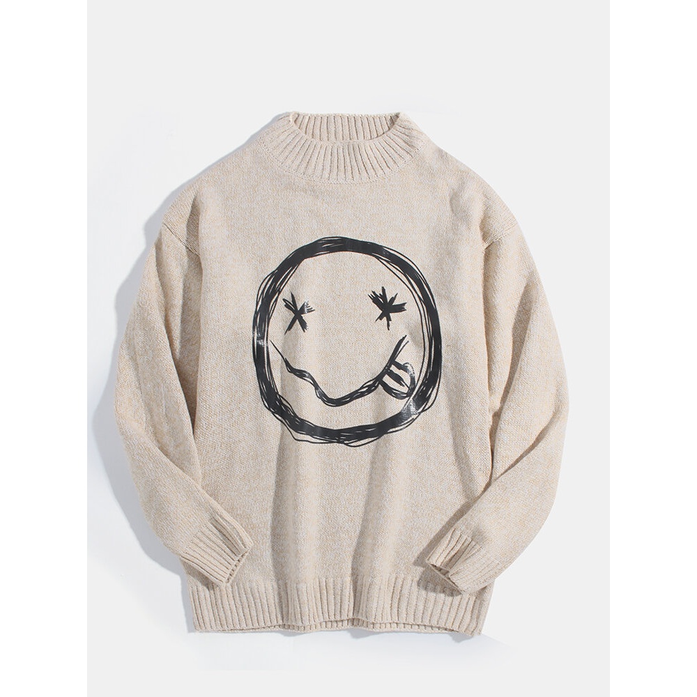 Mens Smile Face Print Crew Neck Knit Cotton Casual Pullover Sweaters - M Black