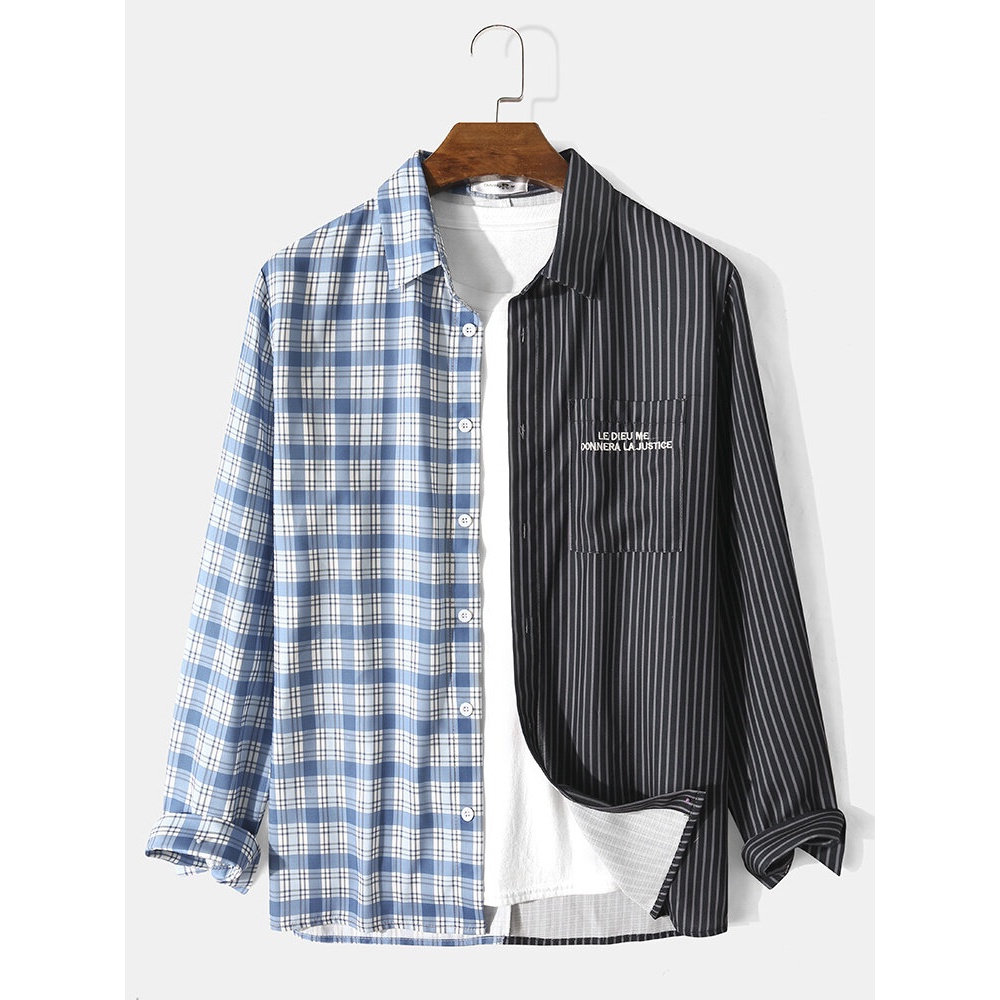 Men Gingham Striped Patchwork Chest Pocket Lapel Collar Shirts - Blue S