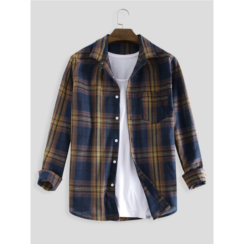 Mens Autumn Plaid Pocket Design Long Sleeve Casual Shirts - XL Red