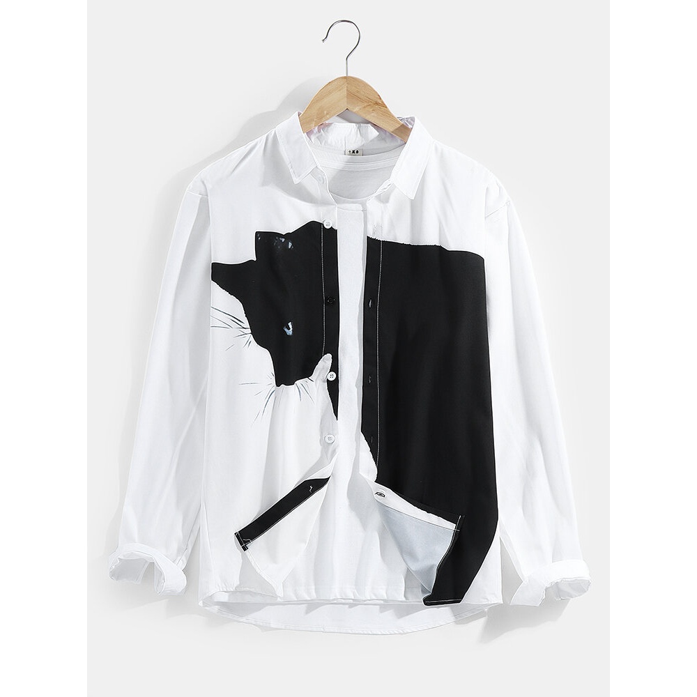 Mens Cute Big Cat Print Cotton Lapel Collar Long Sleeve Casual Shirt - White XL