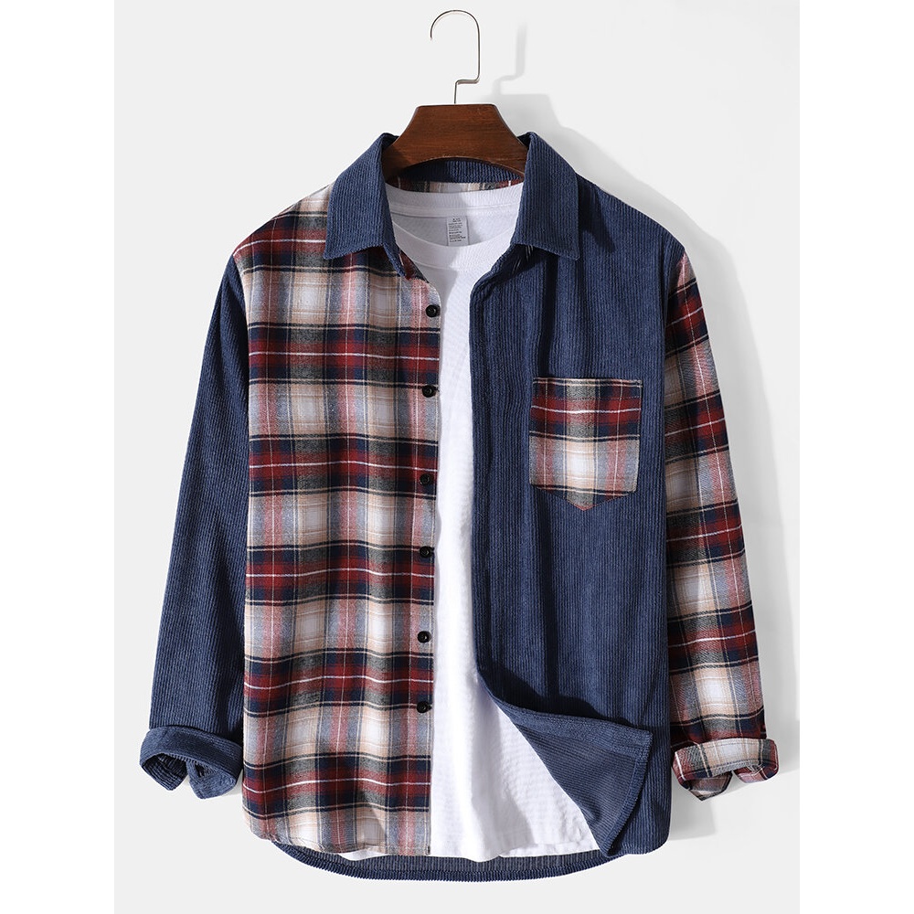 Mens Corduroy Plaid Spliced Lapel Button Up Long Sleeve Shirts - Blue S