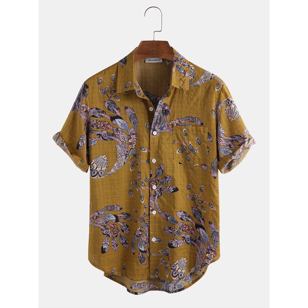 Cotton Peacock Feather Floral Print Casual Short Sleeve Shirts - 3XL Beige