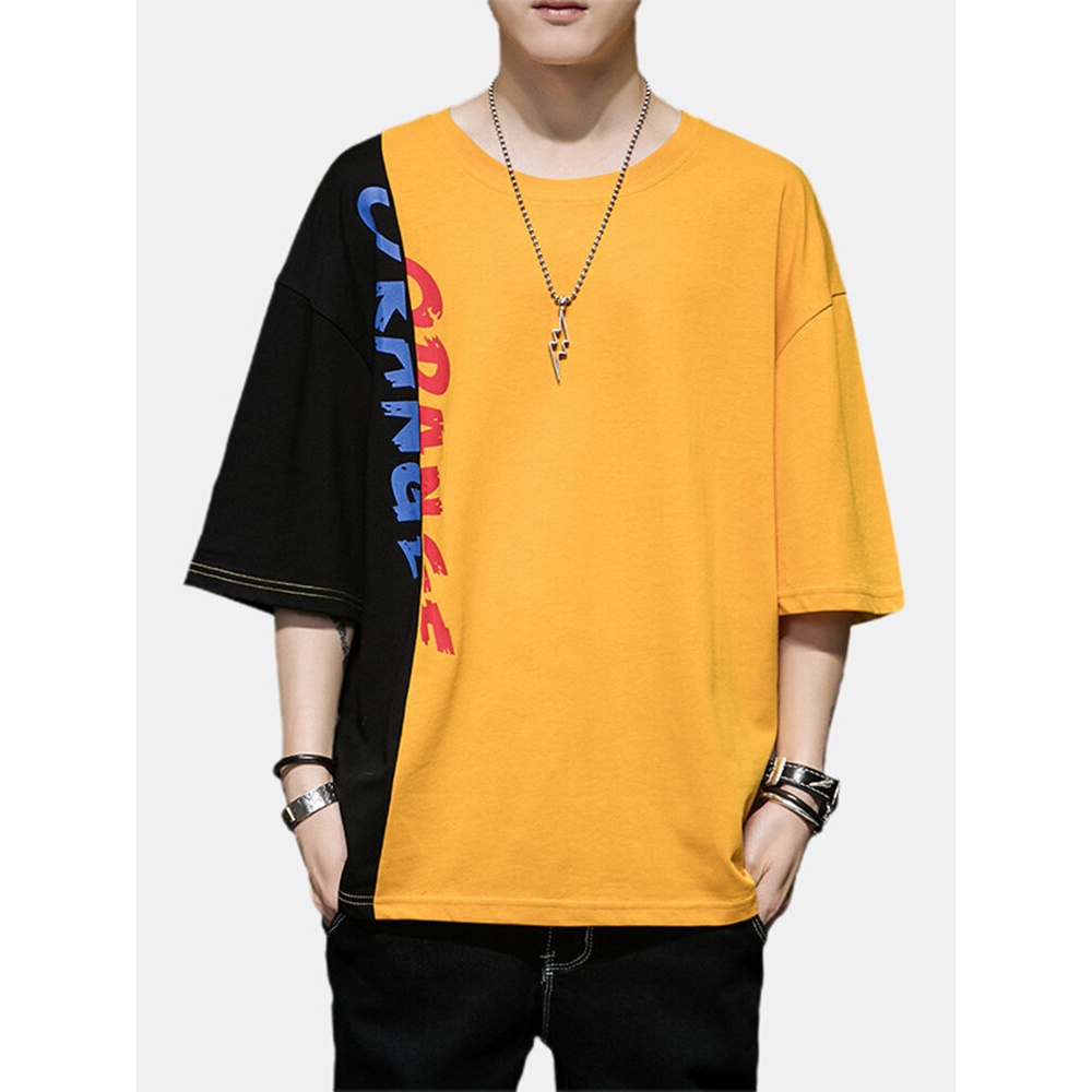 Mens Fashion Color Block 100% Cotton Crew Neck Letters Casual T-Shirts - Yellow XL