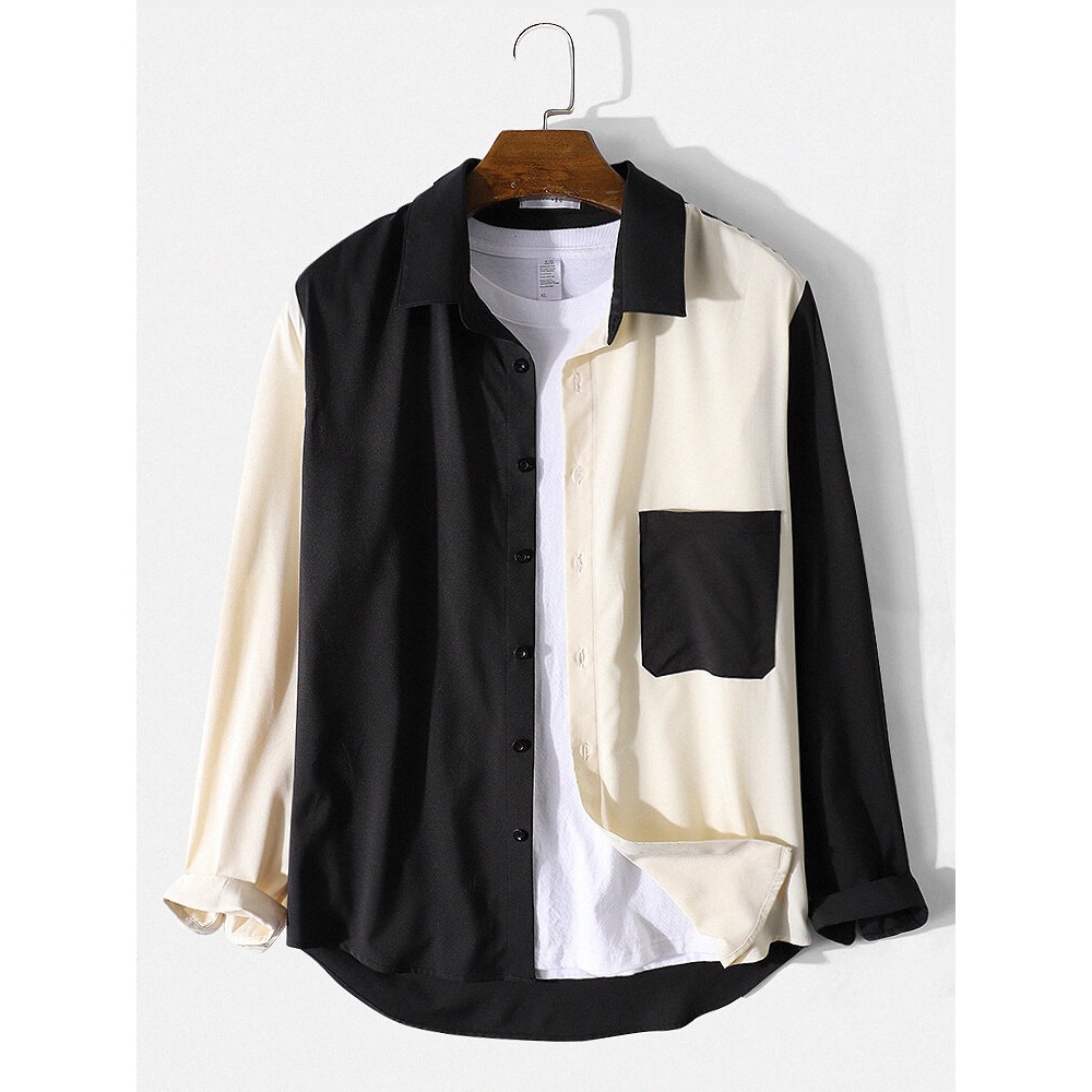 Mens Solid Color Patchwork Long Sleeve Simple Shirts With Pocket - Black S