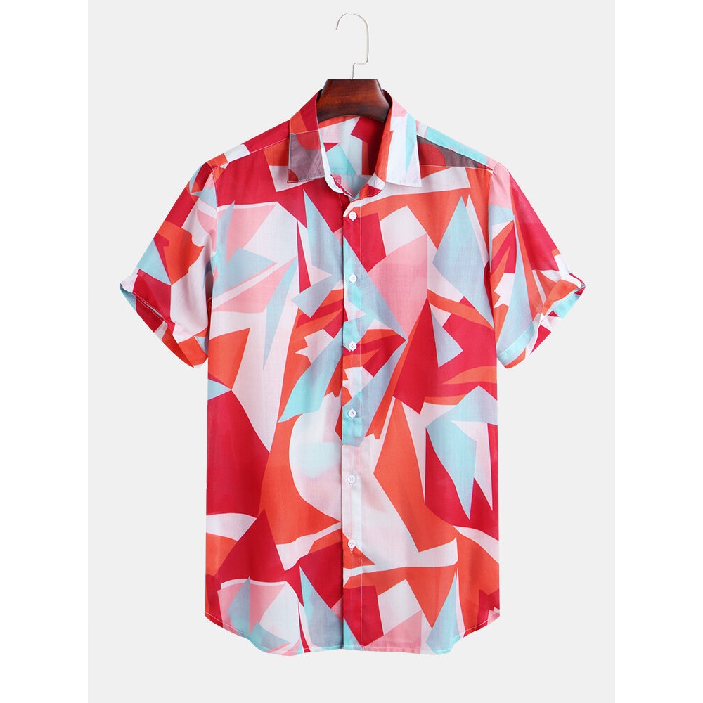 Mens Geometric Color Blocks Printed Loose Casual Shirts - XL Red