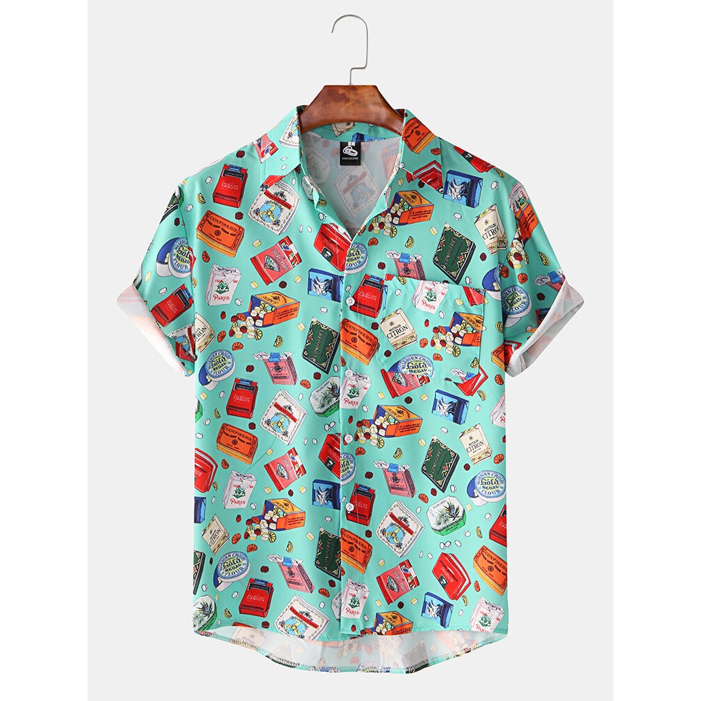 Mens New Hawaii Beach Short Sleeve Print Shirts - L Green