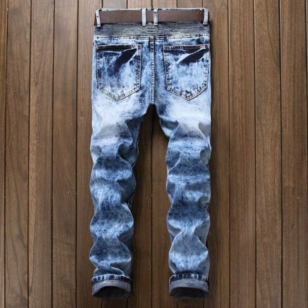 Season New Men's Jeans Europe And America Slim Straight Folds Zipper Locomotive Snowflake Jeans - 28 Dark Blue - Image 2