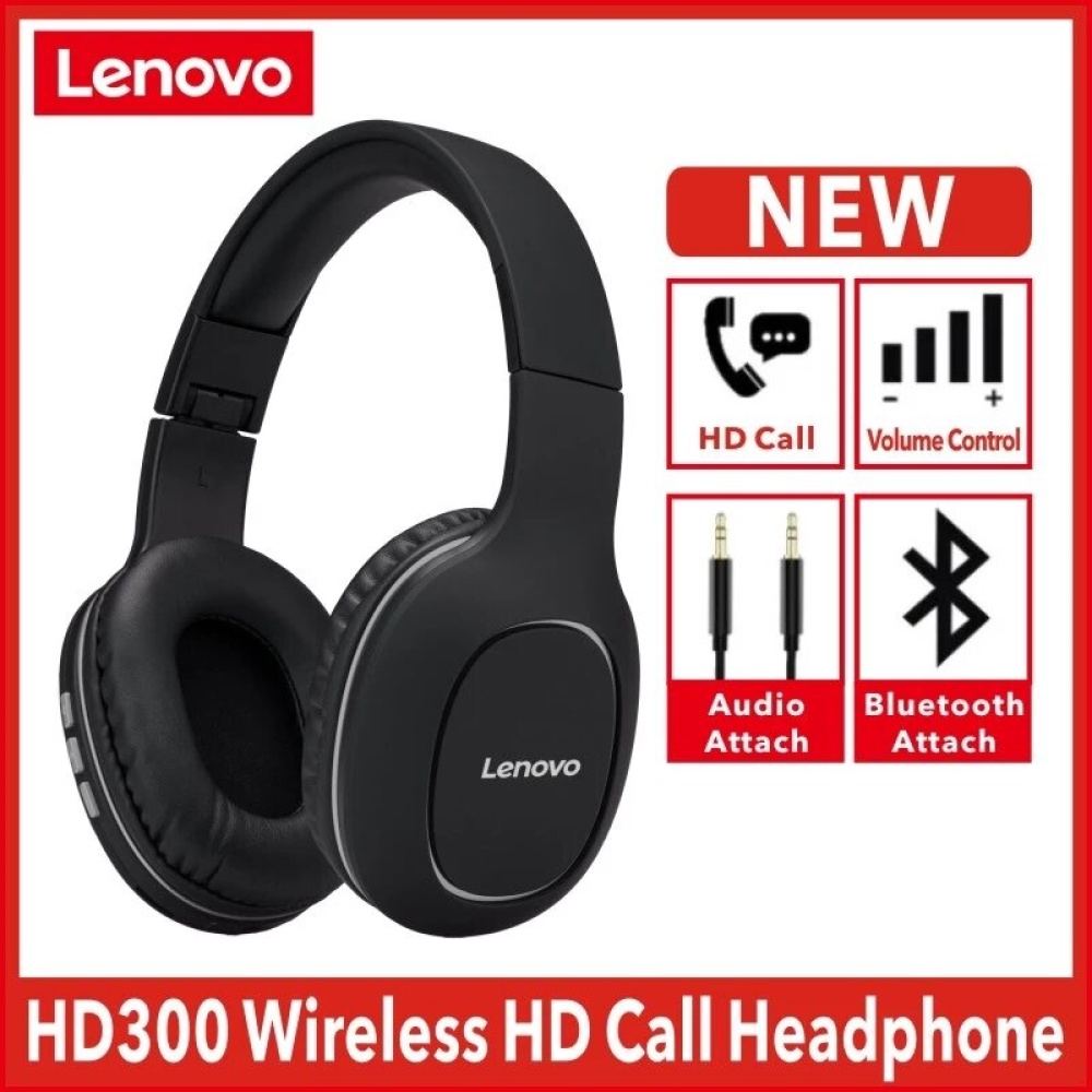 Lenovo HD300 Wireless bluetooth Headset Noise Reduction HD Call HiFi Stereo Foldable AUX Head-mounted Headphone - Black - Image 2