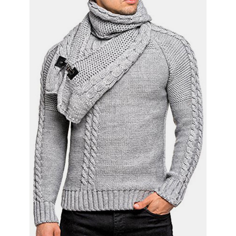 Mens Warm Solid Color Round Neck Long Sleeve Knitted Sweaters With Scarf - White S