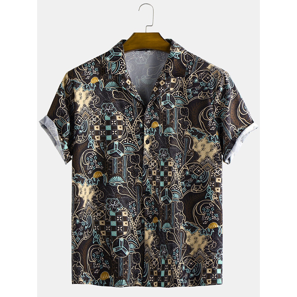 Men Ethnic Style Abstract Printed Short Sleeve Lapel Shirts - S #1