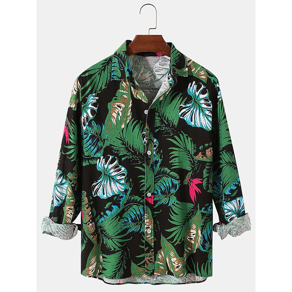 Mens Allover Plant Printed Flax Casual Loose Long Sleeve Shirts - Green S