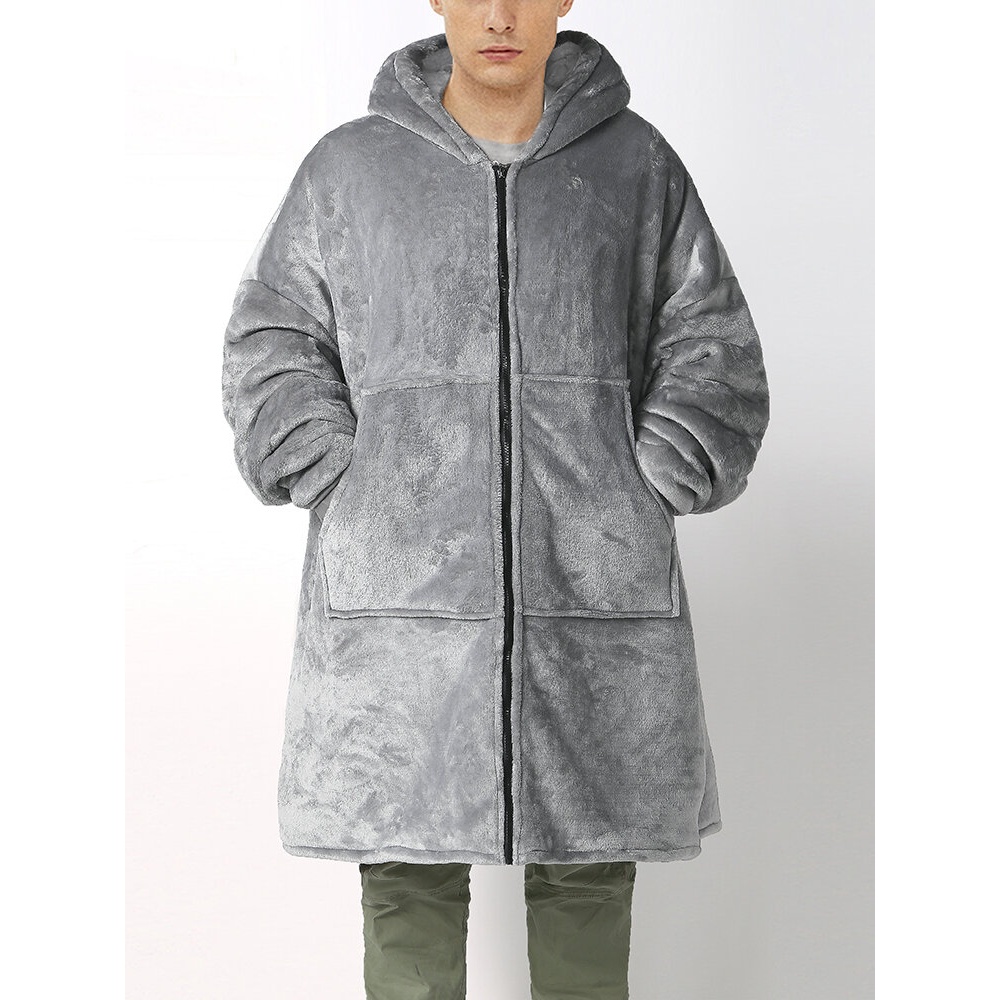 Mens Flannel Warm Soft Solid Color Zipper Kangaroo Pocket Blanket Hoodie Oversized Home Robes - Grey One Size
