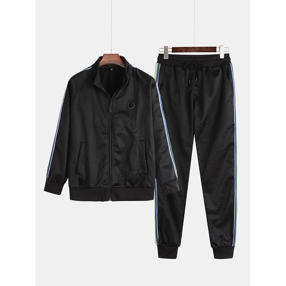 Mens Sport Patchwork Elastic Waist Long Sleeve Thick Suit - S White