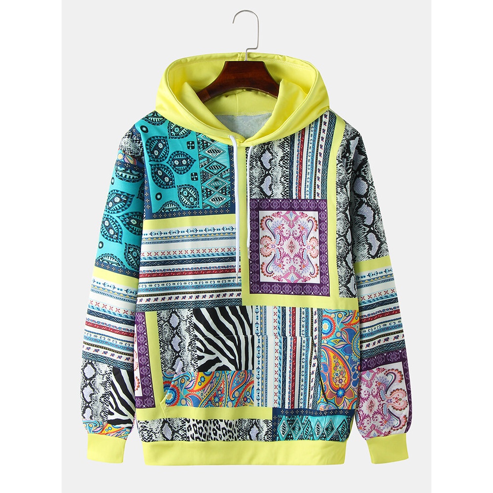 Mens Ethnic Style Print Long Sleeve Drawstring Hoodies With Kangaroo Pocket - 3XL Yellow