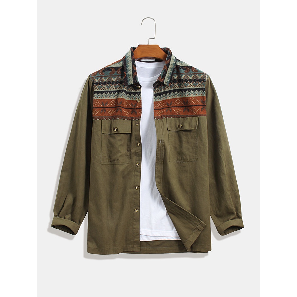 Men 100% Cotton Ethnic Pattern Patchwork Dual Pockets Vintage Shirts - Navy 3XL