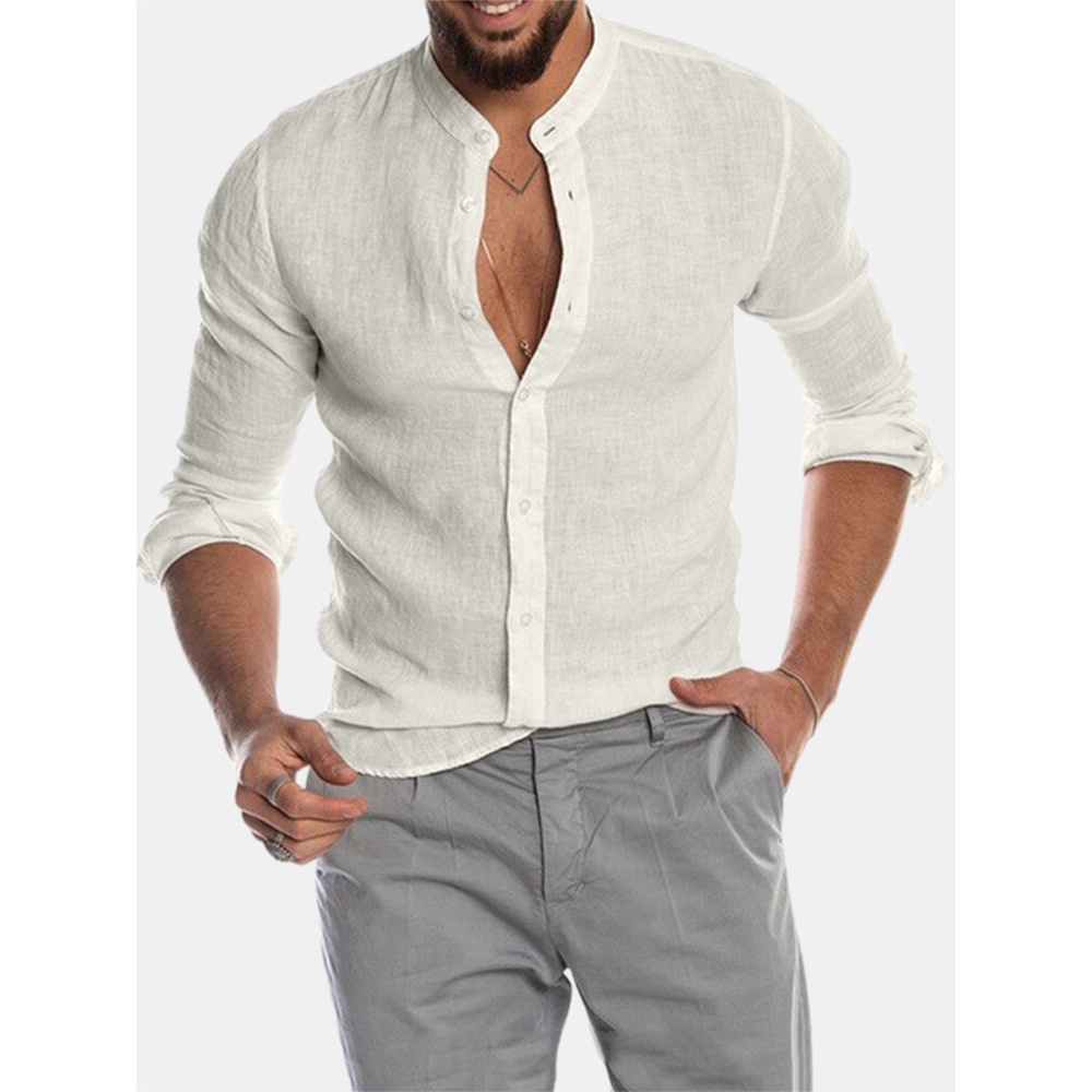Mens Cotton Linen Solid Color Stand Collar Curved Hem Long Sleeve Shirts - White S