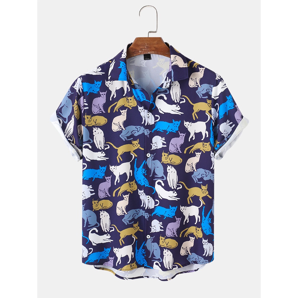 Mens Cartoon Cat Print Lapel Short Sleeve Shirt - Black L