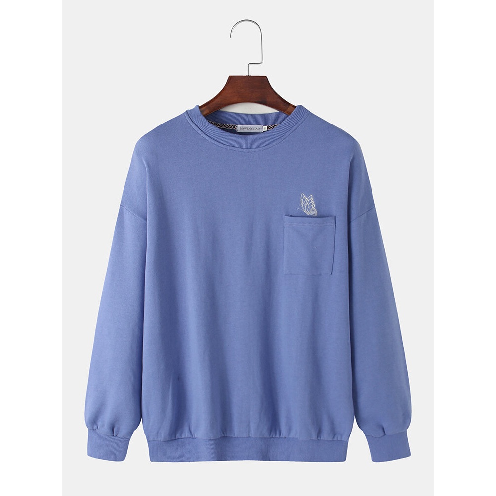 Mens Print Chest Pocket Pullover Round Neck Casual Sweatshirts - White S