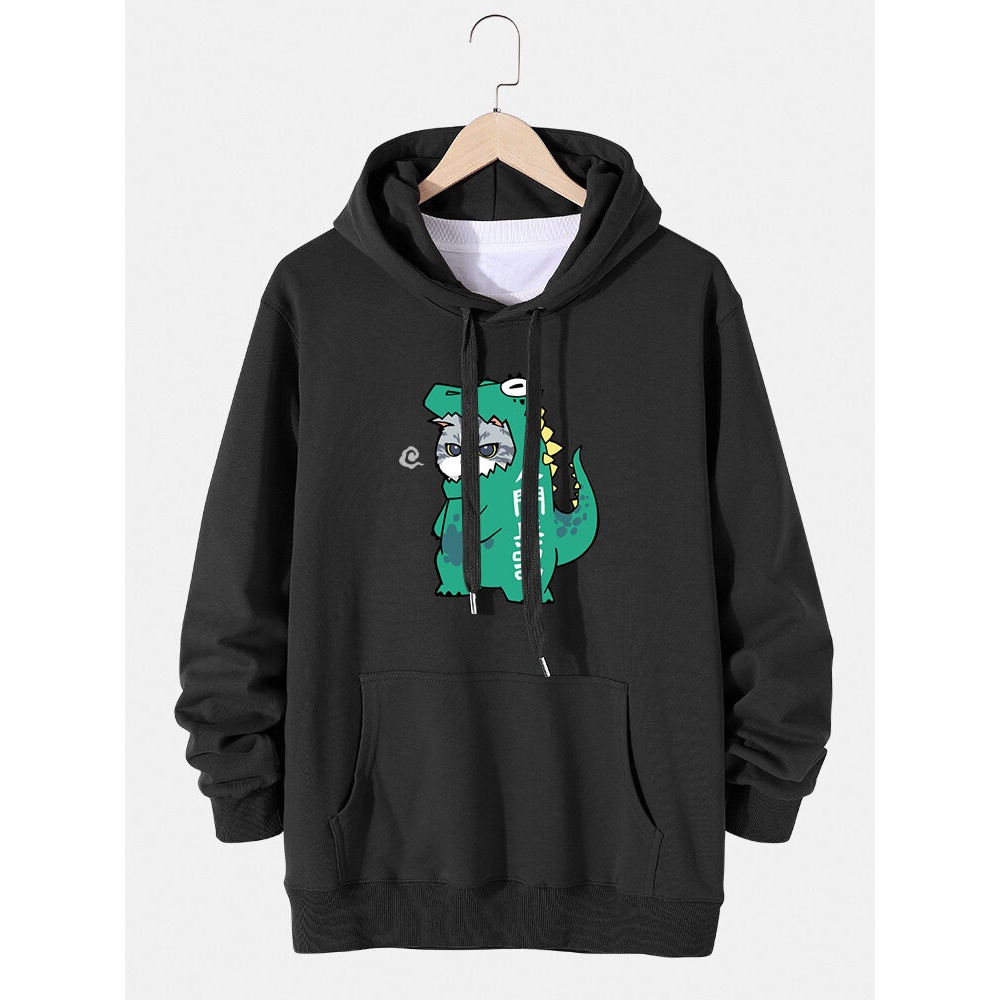 Mens Cartoon Cat Dinosaur Print Cotton Pouch Pocket Drawstring Hoodies - Wine Red M