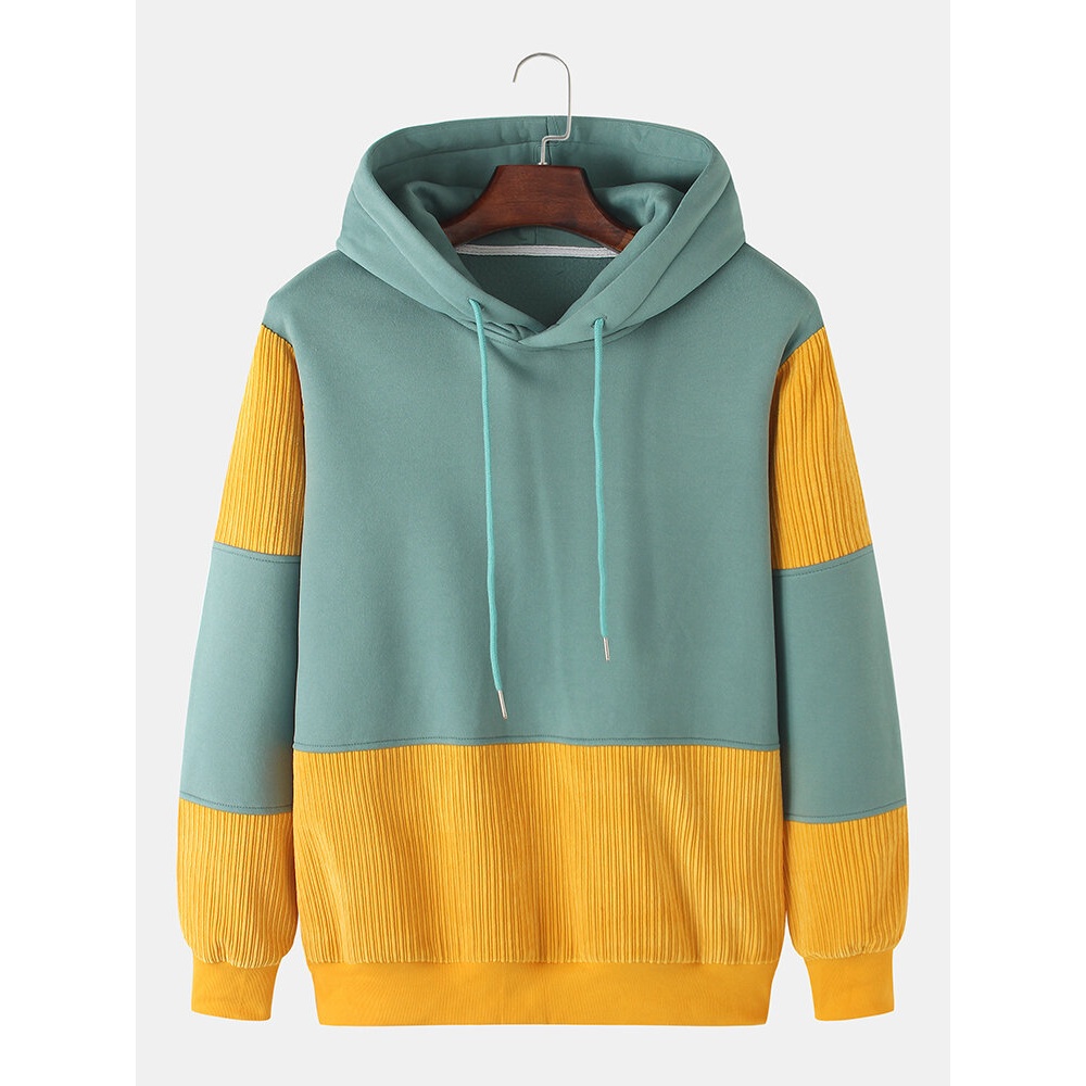 Mens Patchwork Corduroy Long Sleeve Simple Drawstring Hoodies - Lake Blue S