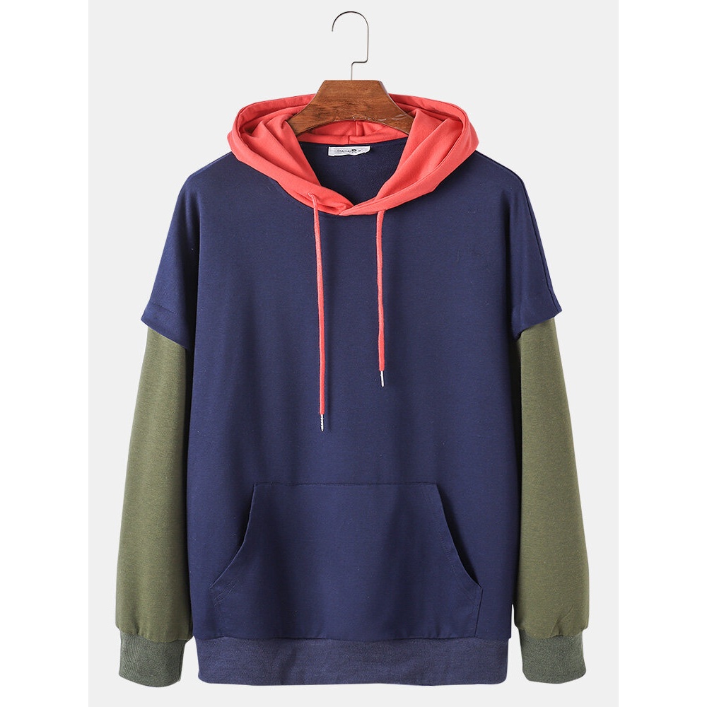 Mens Colorblock Patchwork Loose Casual Doctor Sleeves Hoodies With Muff Pocket - Navy S