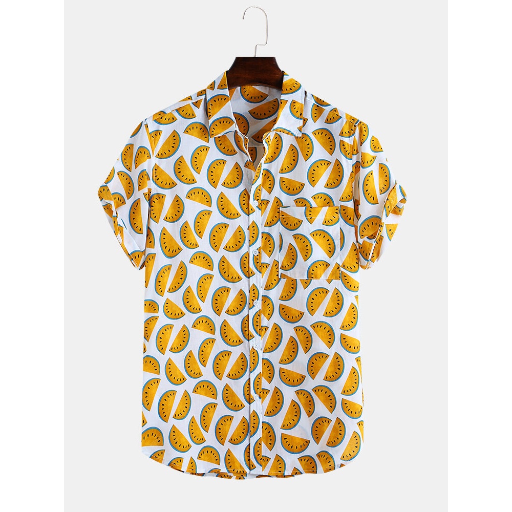Men Watermelon Pattern Printed Chest Pocket Short Sleeve Lapel Shirts - 2XL Red